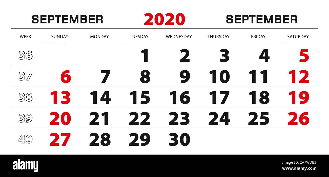 Calendario De Pared 2020 Para Septiembre Inicio De La Semana Desde El Domingo Tamano De Bloque 297x140 Mm Imagen Vector De Stock Alamy calendario semana 40