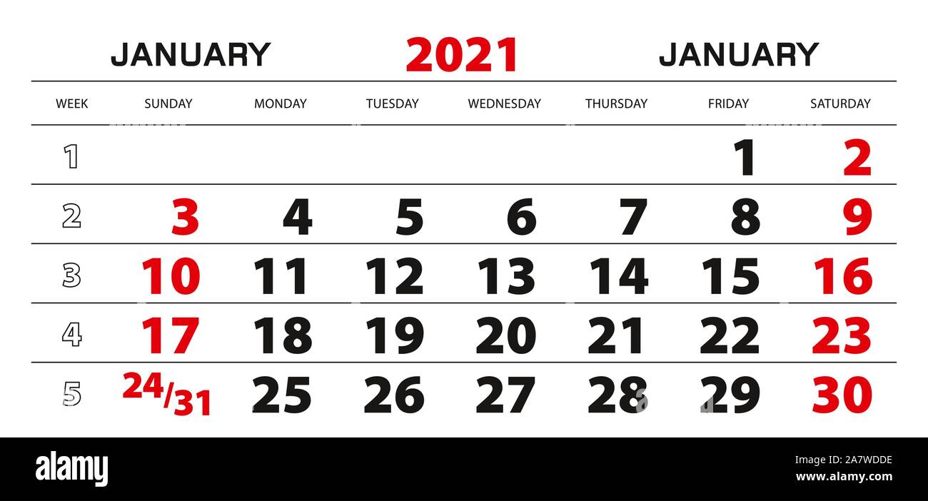 Calendario De Pared 2021 Para Enero Inicio De La Semana Desde El 