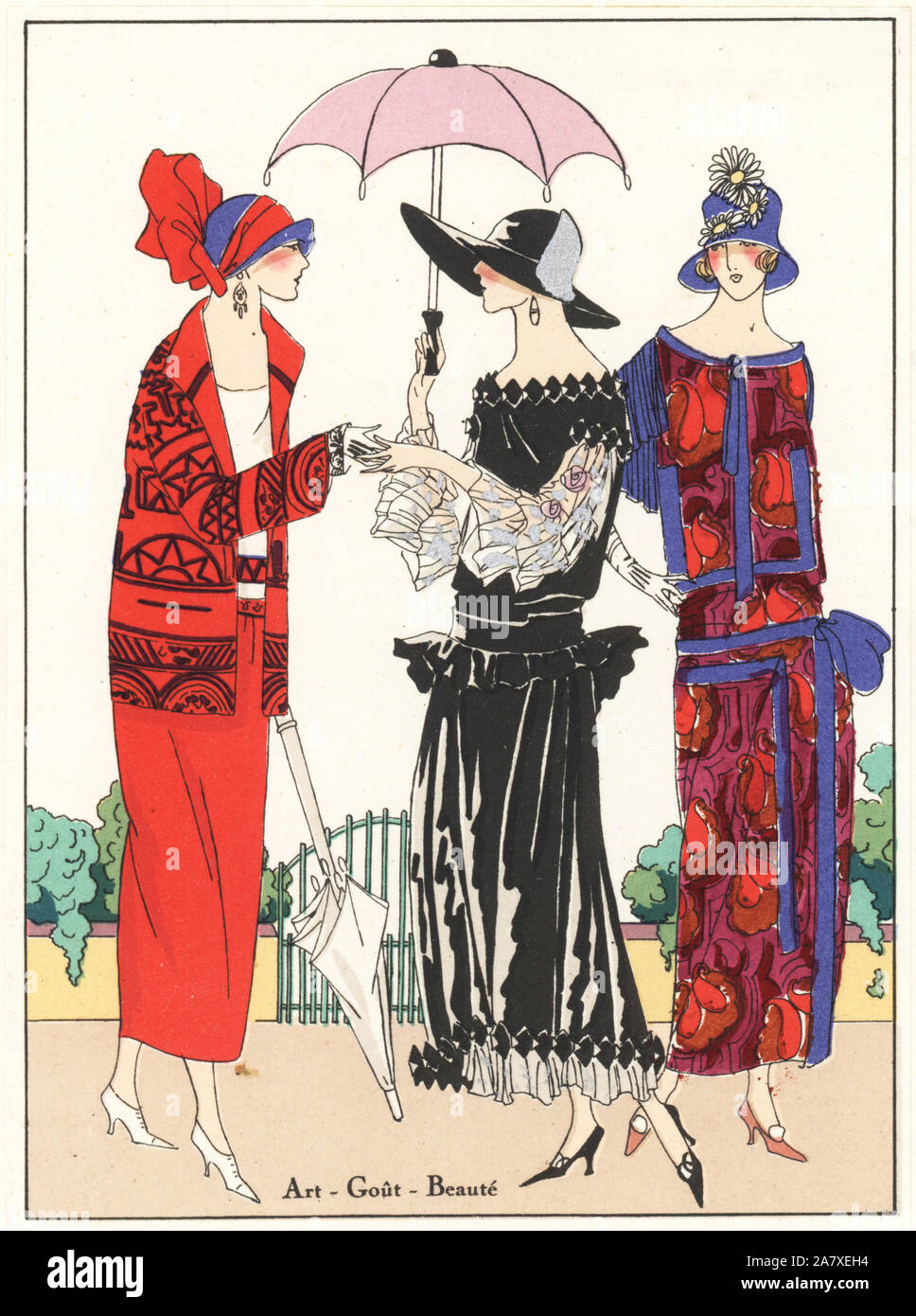 Mujer en rojo traje de tres piezas, mujer de tafetán negro vestido con  encaje de plata, y de la mujer en el vestido de crepé impreso de chine.  Handcolored pochoir (galería) litografía