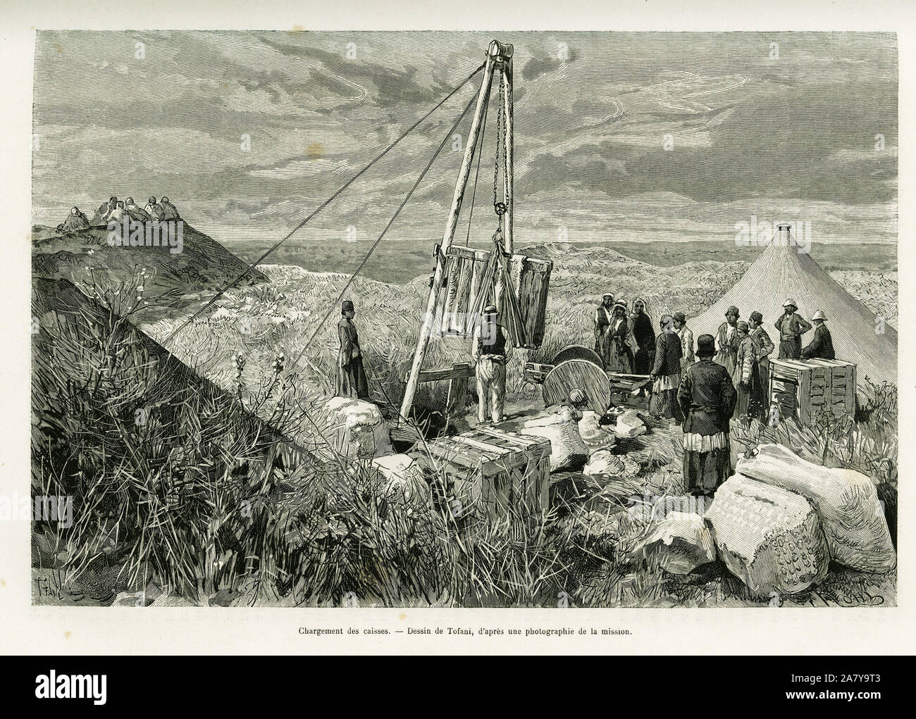 Chargement des caisses de fouilles archeologiques, Perse. Huecograbado de Tofani, pour le recit illustrer un Suse, 1884-1886, Journal des fouilles, par juana Foto de stock