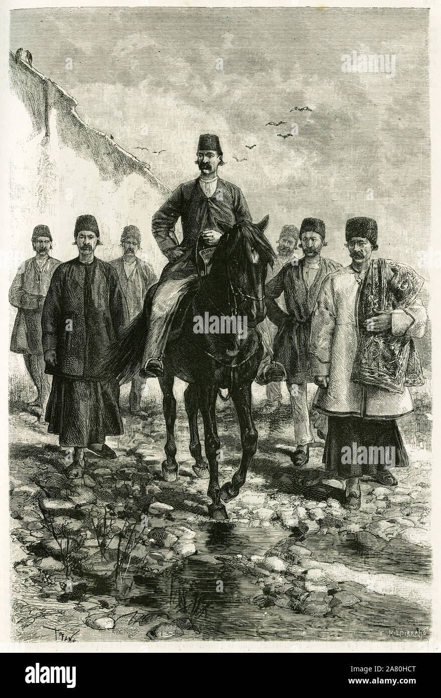 Le Gouverneur de Kachan (ou Kashan, dans la province de Teherán, Irán actuelle) monte sur un cheval noir et sa suite un pied. Huecograbado de Tofani, d'apre Foto de stock