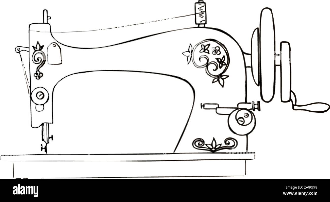 Dibujado a mano vieja máquina de coser aislada sobre fondo blanco