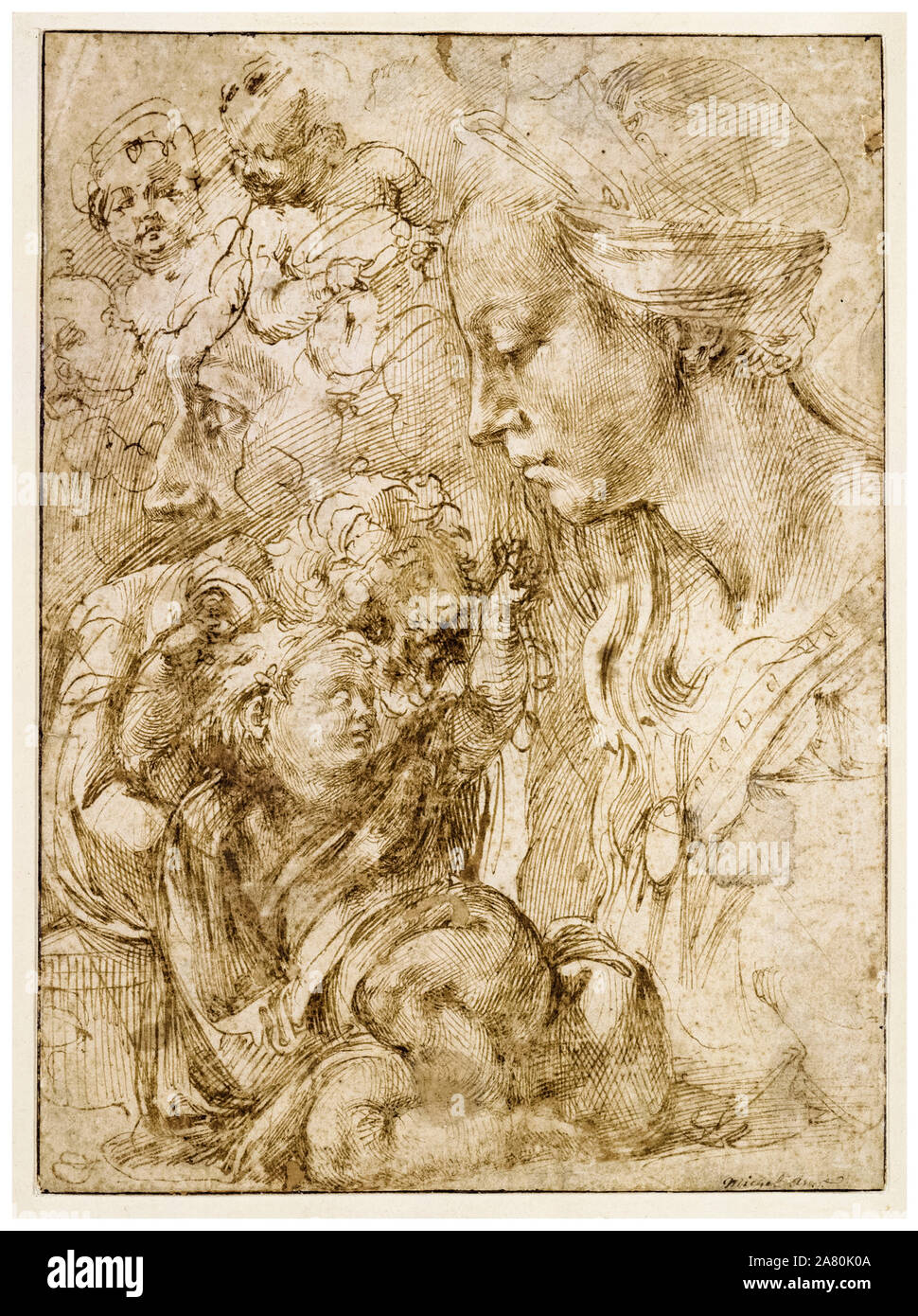 Michelangelo Buonarroti, estudios de Sagrada Familia, dibujo, 1505 Foto de stock