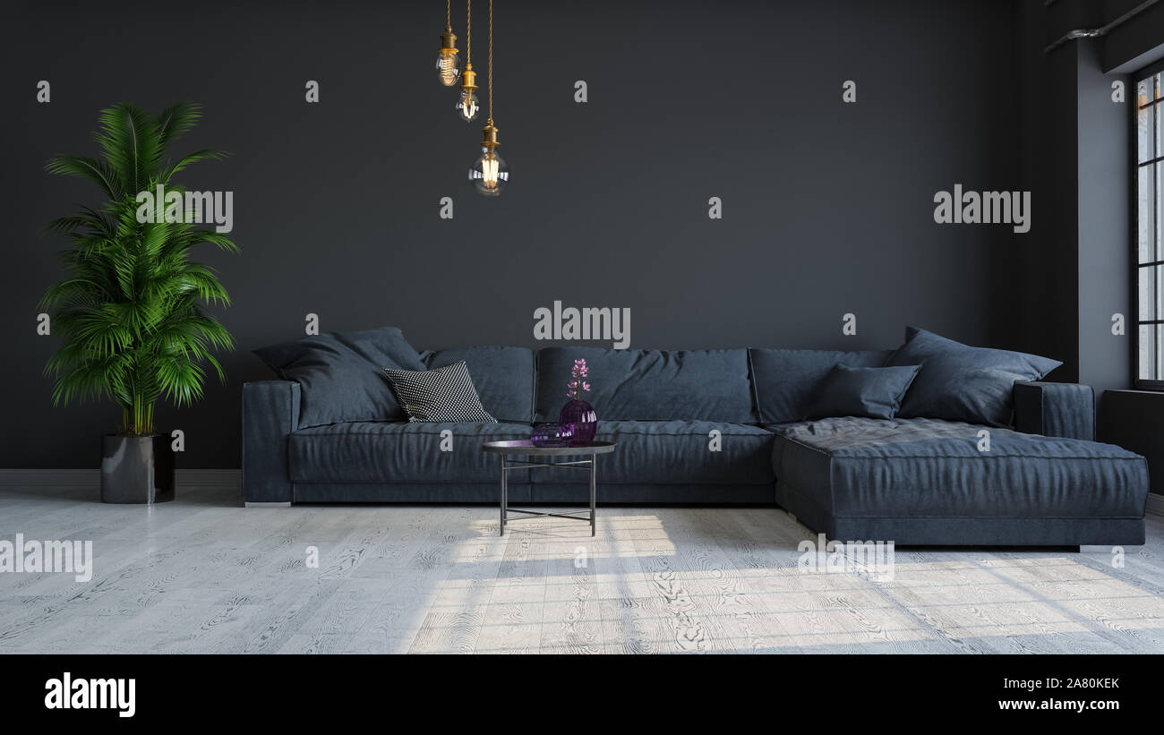 Moderno diseño interior de una sala de estar en un apartamento, una casa, una oficina, un cómodo sofá, flores frescas y brillantes detalles interiores modernos y sunbeam Foto de stock