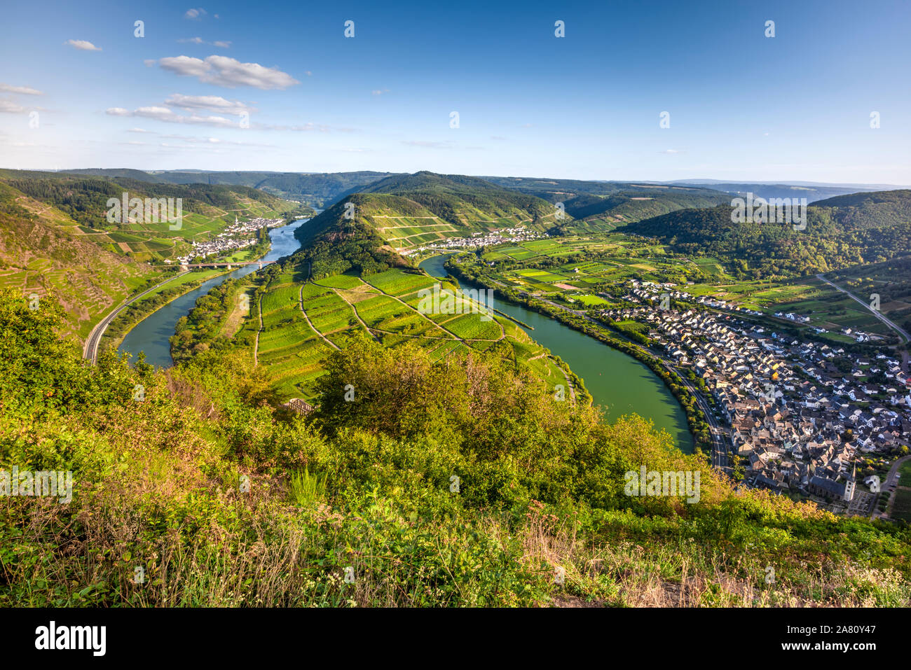 Curva del río Mosela, cerca de la aldea Bremm, Alemania, vista panorámica desde la montaña Calmont Foto de stock