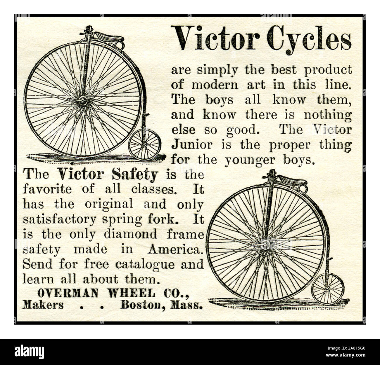 Bicicleta Vintage 1800 EE.UU. anuncio de la era de Victorian ciclos Victor americana "Penny Farthing" bicicletas que fueron hechas por los Overman Co. esta rueda de prensa ad es de mayo de 1887 Cuestión de Harper's New Monthly Magazine Boston Massachusetts Estados Unidos EE.UU. Foto de stock