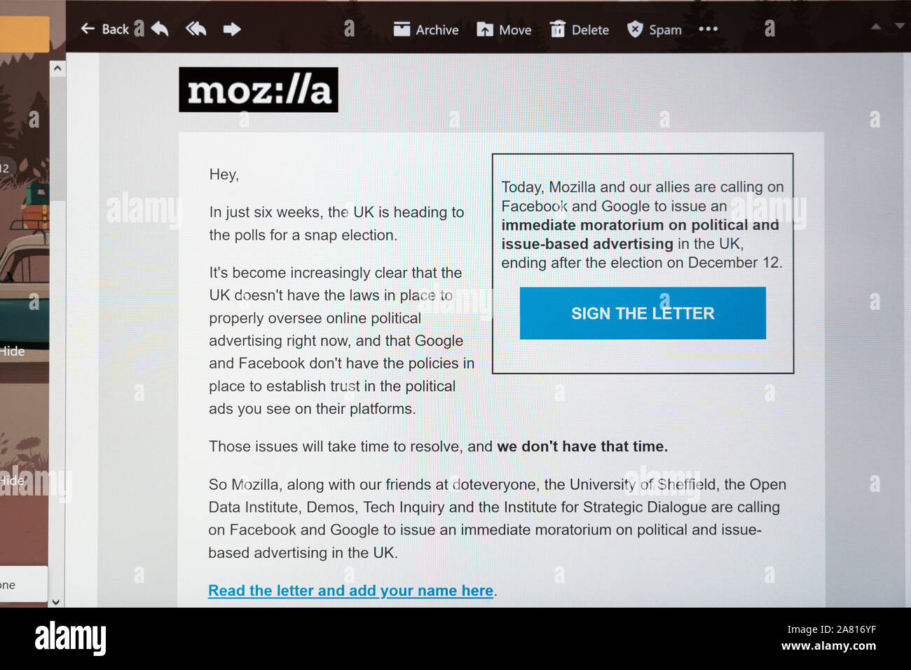Una solicitud por correo electrónico a firmar una carta abierta de Mozilla le preguntamos a Google y Facebook para una prohibición de anuncios políticos antes de la ELECCIÓN GENERAL DEL REINO UNIDO Foto de stock