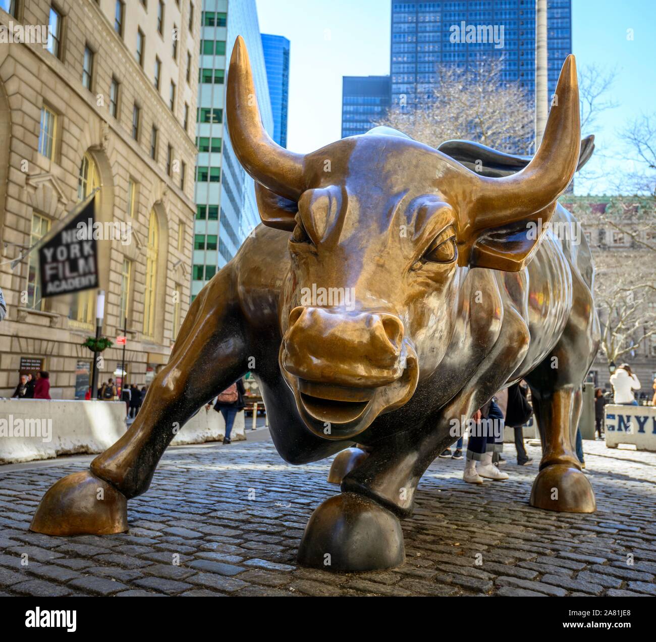 Bull figura en la parte delantera de la bolsa, Carga de Toro, también Wall  Street Bull o Bowling Green Bull, Bolsa de Valores de Nueva York, Wall  Street Fotografía de stock -