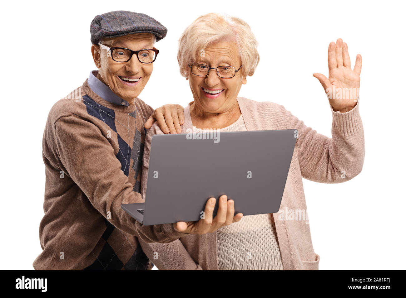 Las parejas ancianas con online video chat aislado sobre fondo blanco  Fotografía de stock - Alamy
