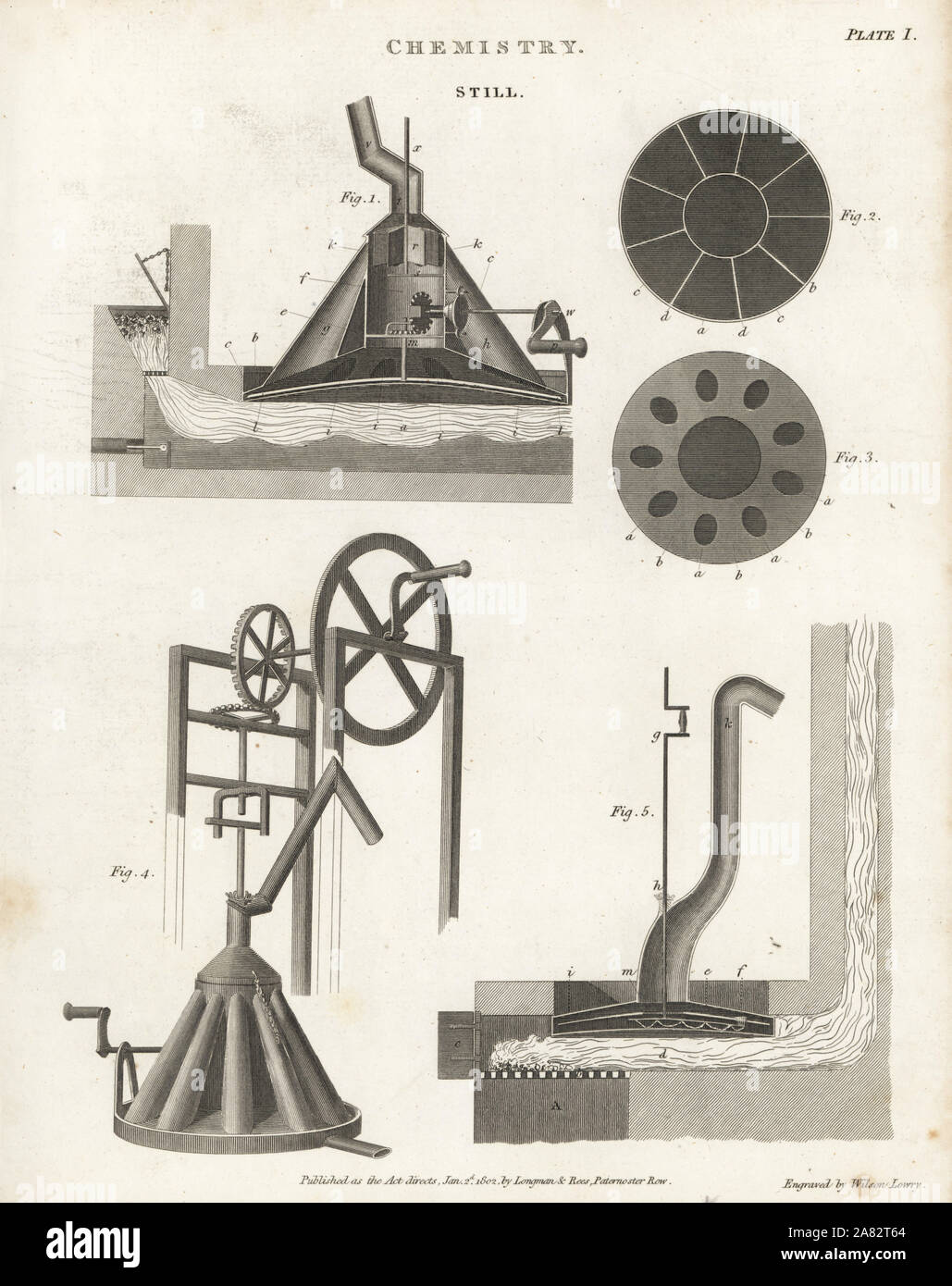 Alzados y secciones a través de un parque industrial. Copperplate grabado por Wilson Lowry desde Abraham Rees' Cyclopedia o diccionario universal de las artes, las ciencias y la literatura, Longman, Hurst, Rees, Orme y Brown, Londres, 1802. Foto de stock