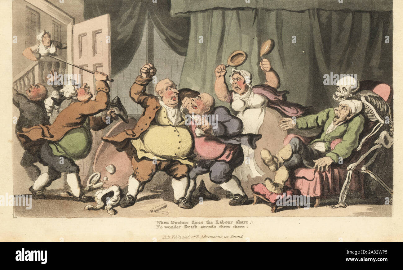 El esqueleto de la Muerte llega a un hombre enfermo, mientras que las