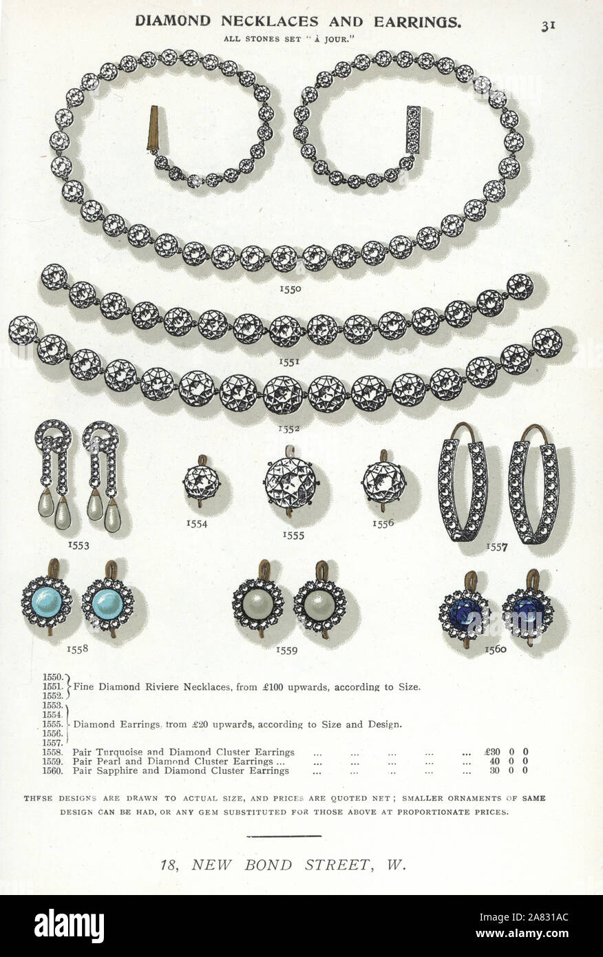 Collares y aretes de diamantes. Desde Chromolithograph Edwin Streeter gemas del catálogo, Bond Street, Londres, circa 1895. Foto de stock