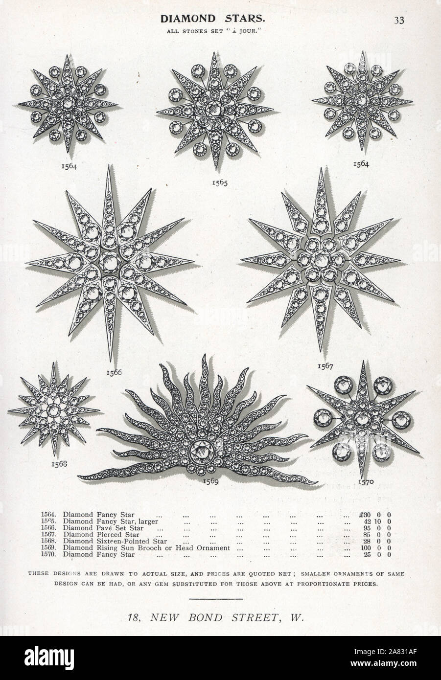 Estrellas de diamantes y broches. Desde Chromolithograph Edwin Streeter  gemas del catálogo, Bond Street, Londres, circa 1895 Fotografía de stock -  Alamy