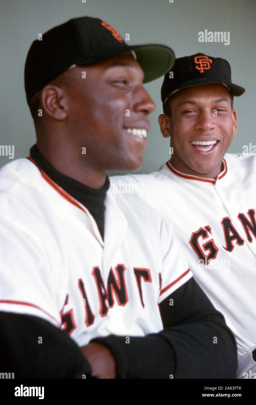 SAN FRANCISCO, CA - Julio, 1962: Willie McCovey #44 y Orlando Cepeda #30 de los San Francisco Giants sentarse en el banquillo durante una sesión de fotos alrededor de julio de 1962, en el Candlestick Park, en San Francisco, California. (Foto por Hy: SetNumber Peskin) (X9182) *** Local Caption *** Willie McCovey;Orlando Cepeda Foto de stock
