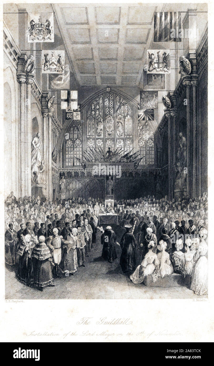 Ceremonia de inauguración del Alcalde de Londres en el Guildhall, el 8 de noviembre. Acero grabado por Henry Melville después una ilustración por Thomas Hosmer Pastor desde Londres interiores, sus trajes y ceremonias, Josué Mead, Londres, 1841. Foto de stock