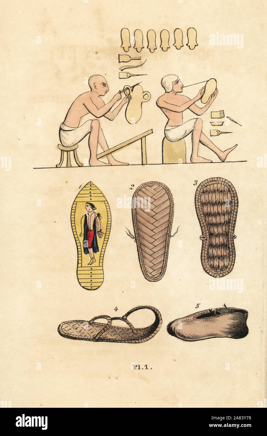 Zapateros haciendo sandalias en el antiguo Egipto, con ejemplos de  curvas-toe sandalia 1, hojas de palma sandalias 2,3 ,4 y cuero zapato  rociada de cerrar 5. Copperplate Handcolored grabado de J. Sparkes
