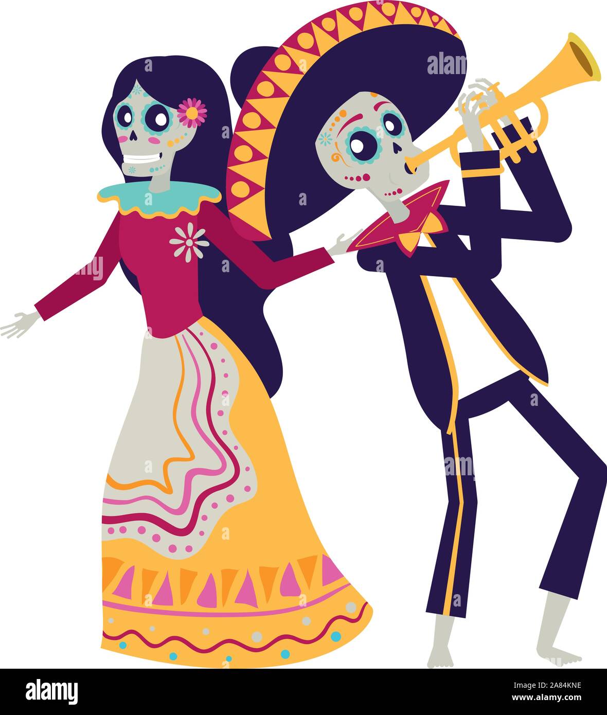 Catrina y mariachi tocar trompeta caracteres Imagen Vector de stock - Alamy