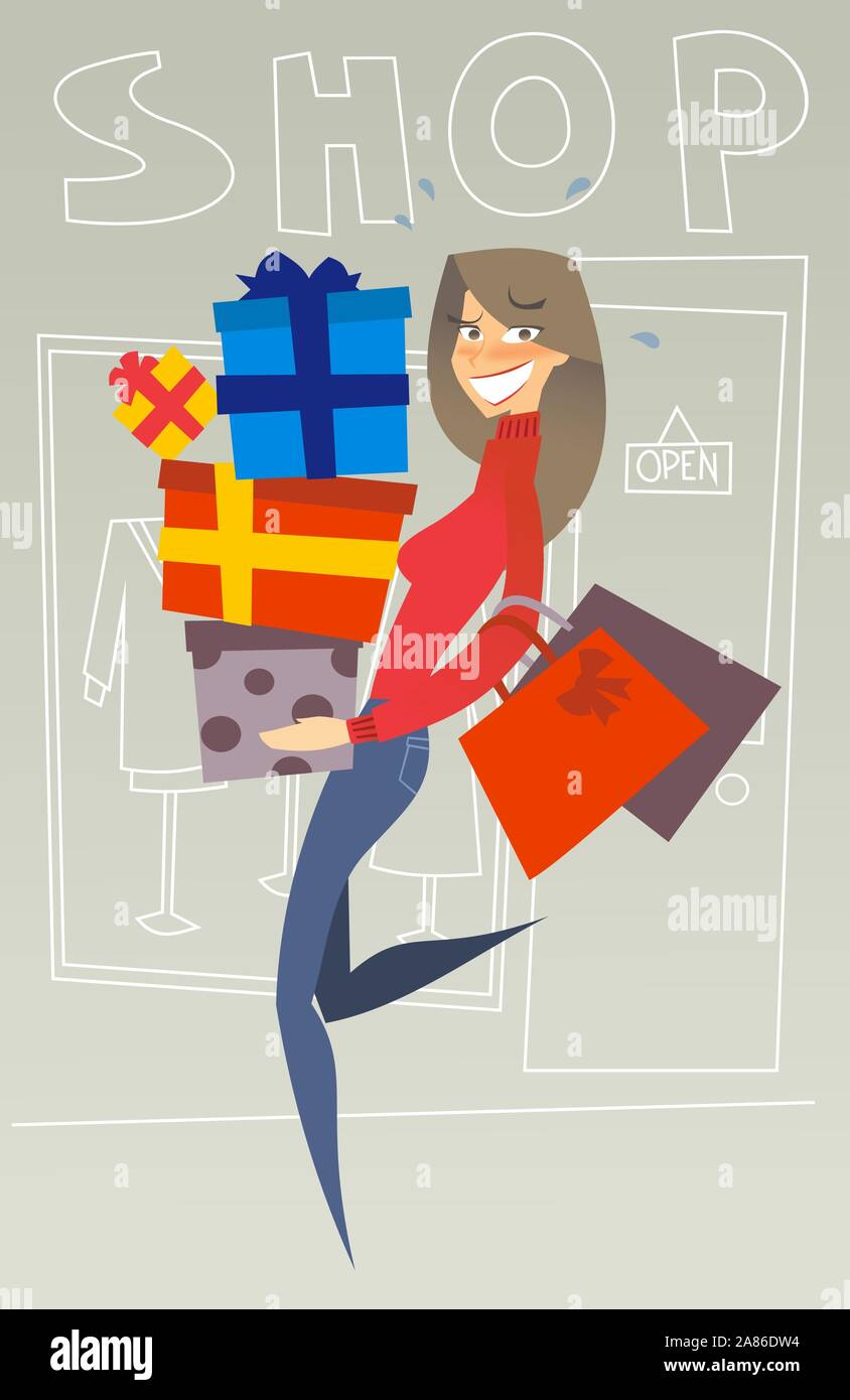Mujer caminando con bolsas y cajas Ilustración del Vector