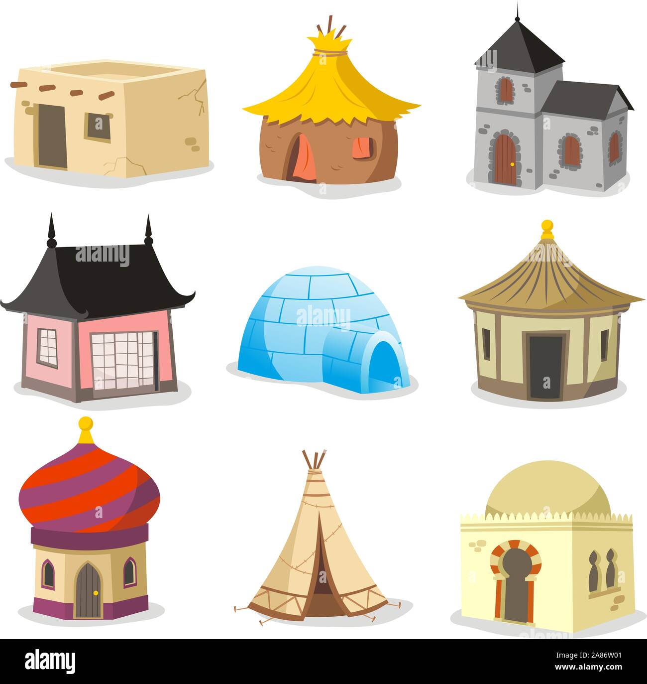 Conjunto de casas tradicionales. Con Casa, iglú, cabaña, Shack, barrios marginales, armario, chalet, cabaña, cabaña en la playa, Gazebo, carpa, Indian Hut, Inuit, Beach House Ilustración del Vector