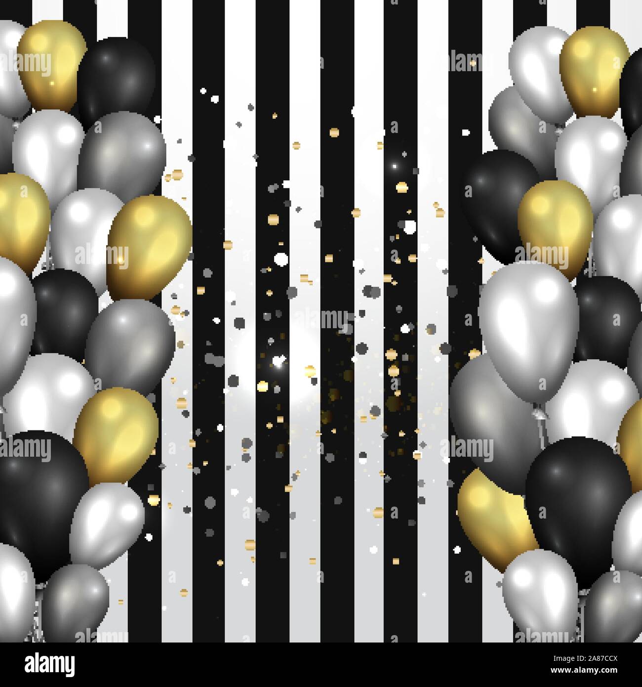 Los globos de oro y plata en negro brillante blanco y negro estriado  superficie, lindo concepto de elegante tarjeta de cumpleaños o venta, telón  de fondo abstracto de lujo Imagen Vector de