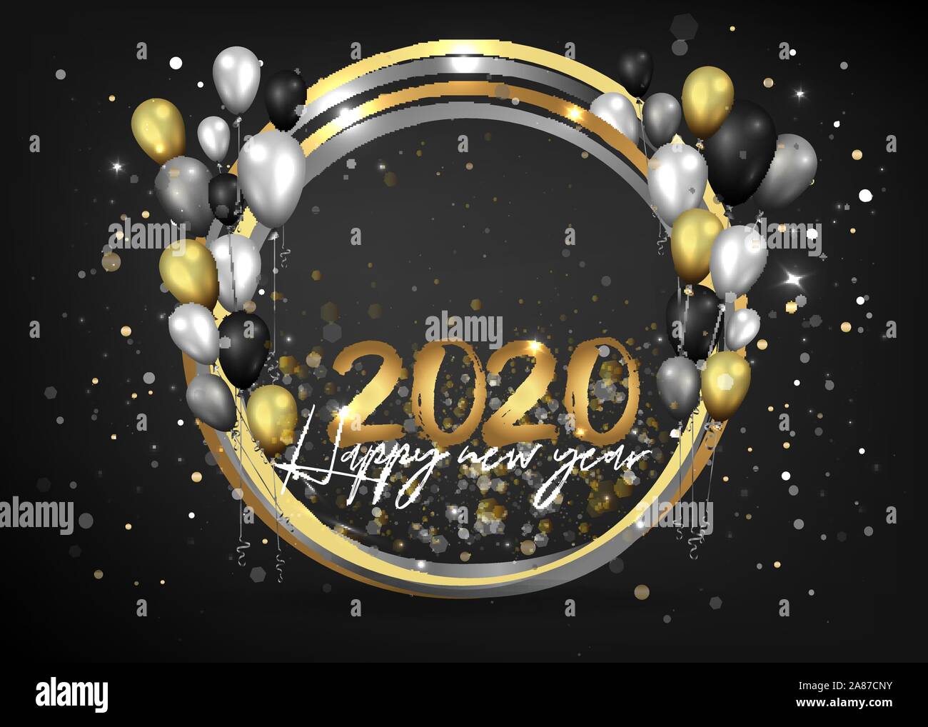 Negro dorado y plateado elegante feliz año nuevo 2020 fondo con globos  realistas, fondo de lujo para web e impresión de decoración Imagen Vector  de stock - Alamy