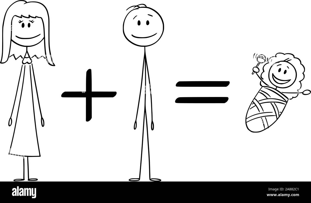 Cartoon vectores stick figura dibujo Ilustración conceptual de fórmula  conceptual de la mujer y el hombre es igual al bebé. Concepto de la  familia, la maternidad y la reproducción Imagen Vector de