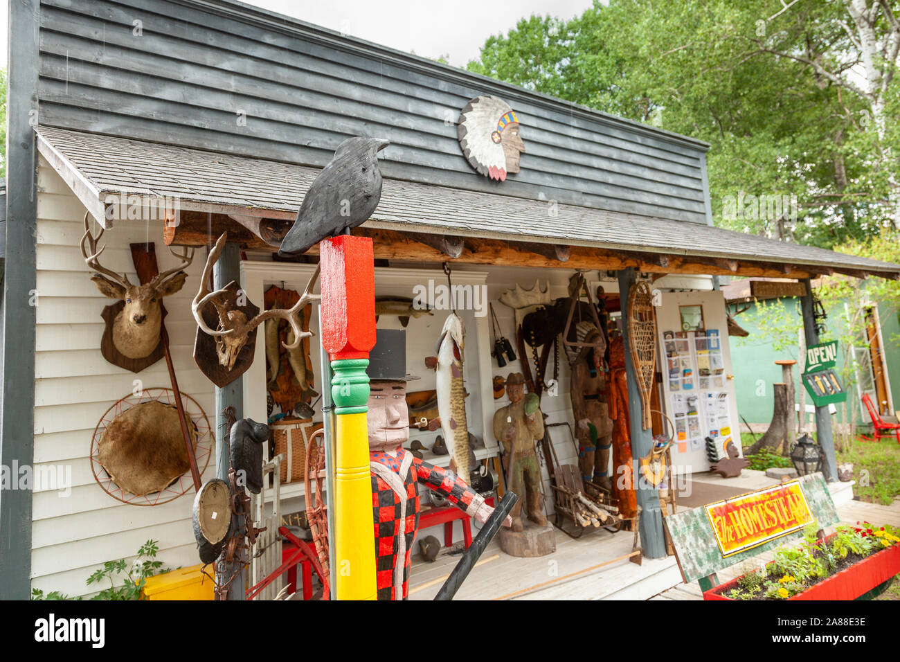 Tallado en madera y taxidermia and Muskie peces en una tienda de campo en la aldea de Northwoods Boulder Junction, Wisconsin. Foto de stock