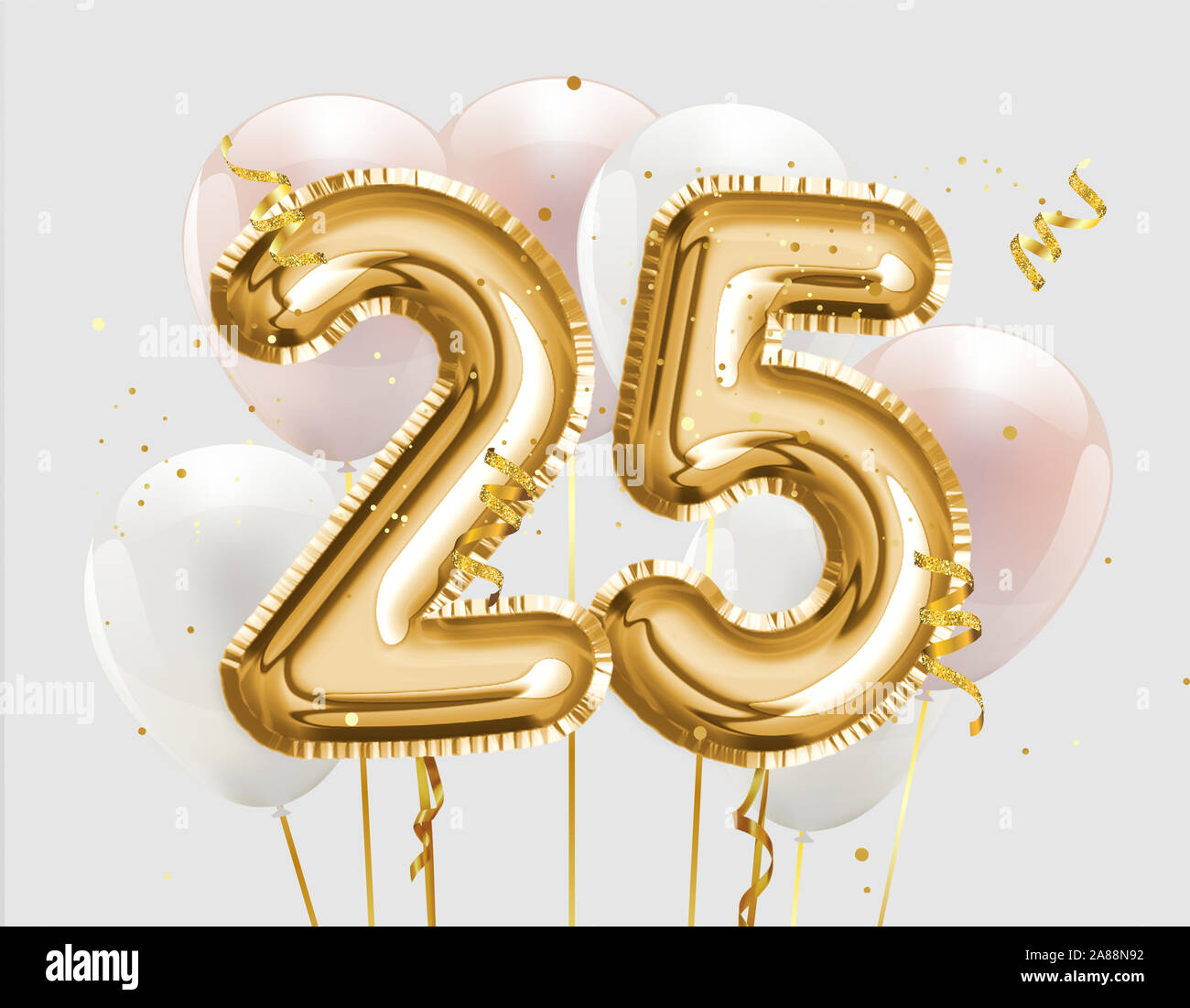 Feliz cumpleaños 25 lámina de oro globo antecedentes saludo. 25 años  aniversario logo plantilla- 25 celebrando con confeti. Photo Stock  Fotografía de stock - Alamy