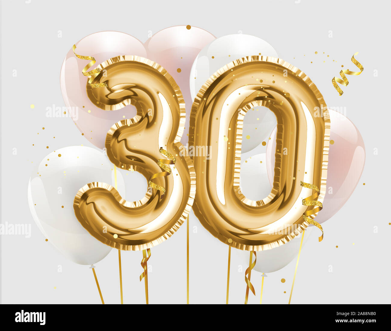 Feliz cumpleaños 30 lámina de oro globo antecedentes saludo. 30 años  aniversario logo plantilla- 30 celebrando con confeti. Photo Stock  Fotografía de stock - Alamy