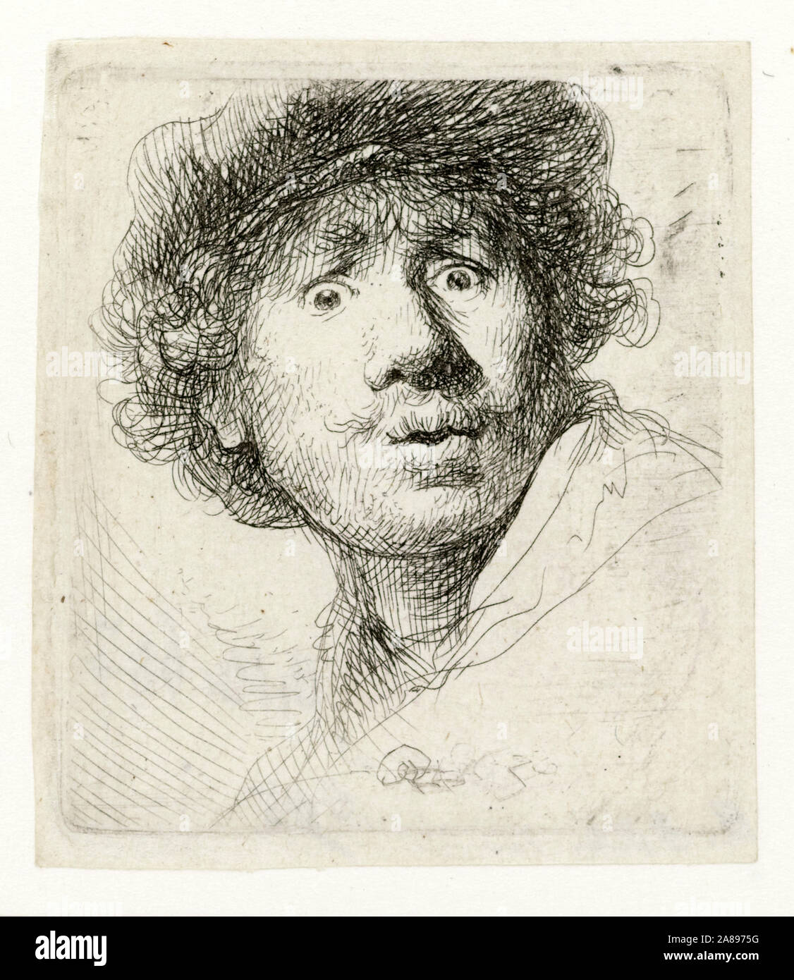 Rembrandt van Rijn, el grabado, el autorretrato en una tapa, Wide eyed