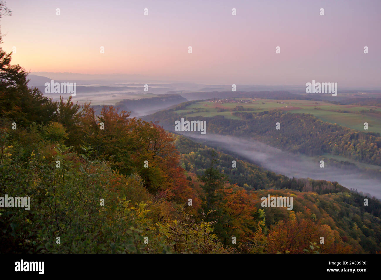 Wutachflühen (con niebla), vista desde Buchberg cerca de Blumberg al amanecer, otoño, Selva Negra, Alemania Foto de stock