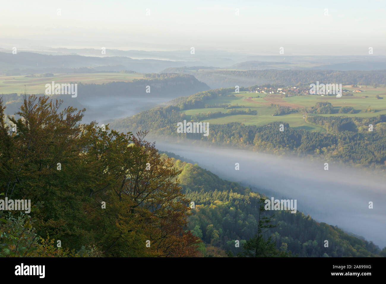 Wutachflühen (con niebla), vista desde Buchberg cerca de Blumberg al amanecer, otoño, Selva Negra, Alemania Foto de stock