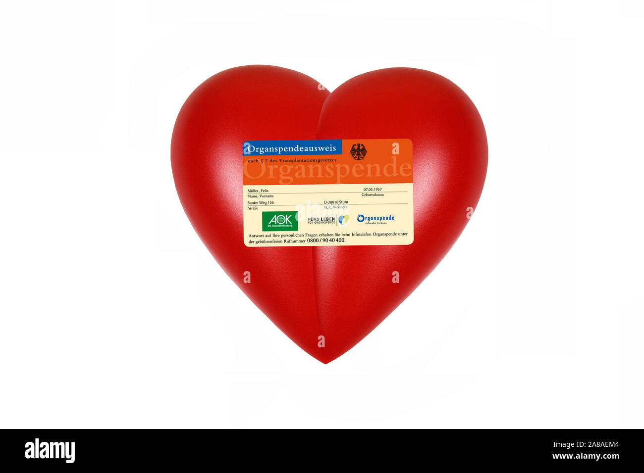 Rotes Herz, órgano, Gesundheit, Körperteil, Organspendeausweis, Foto de stock