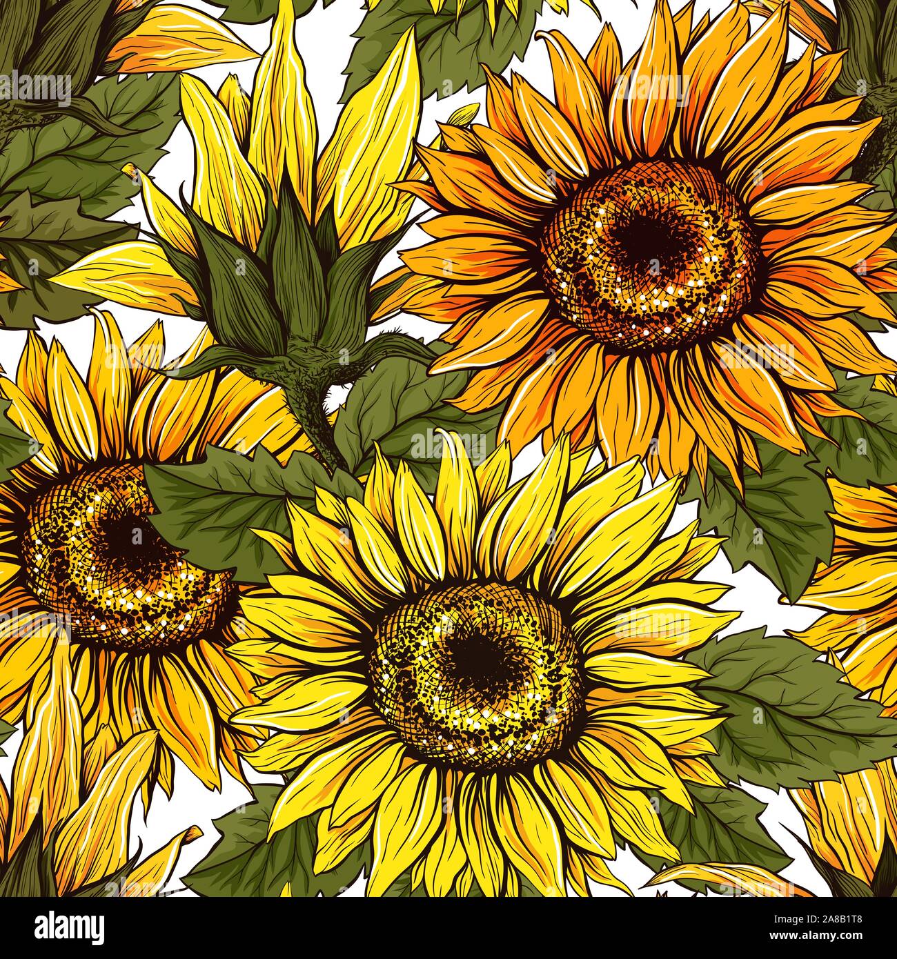 Campo de girasoles patrón vectorial perfecta para telas de diseño textil.  Colores planos, fácil de imprimir. Flores de color amarillo y naranja con  semillas para la miel y el Día de Acción