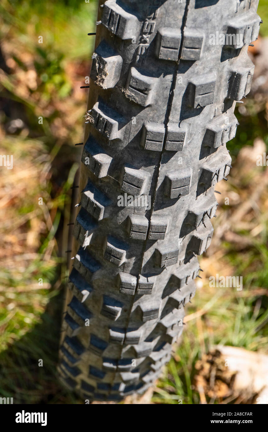 Detalle del perfil de un neumático de bicicleta de montaña Foto de stock