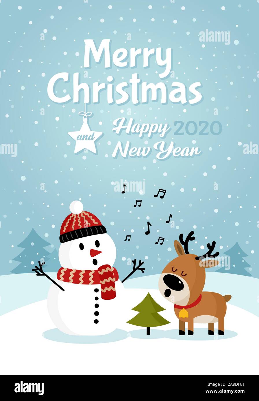Muñeco de nieve con ciervos cantando la canción cerca del árbol de Navidad  poster. Feliz Navidad y Feliz Año Nuevo. Tarjeta de felicitación.  Ilustración vectorial aislados Imagen Vector de stock - Alamy