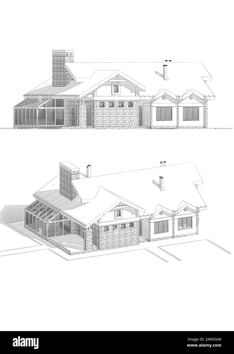 Dibujo a Lápiz 3d ilustración de una moderna casa privada, diferentes  puntos de vista - fachada y el patio de atrás Fotografía de stock - Alamy