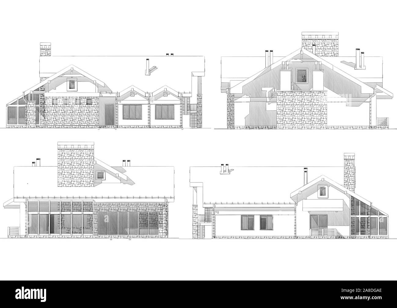 Dibujo a Lápiz 3d ilustración de una moderna casa privada, diferentes  puntos de vista - fachada y el patio de atrás Fotografía de stock - Alamy