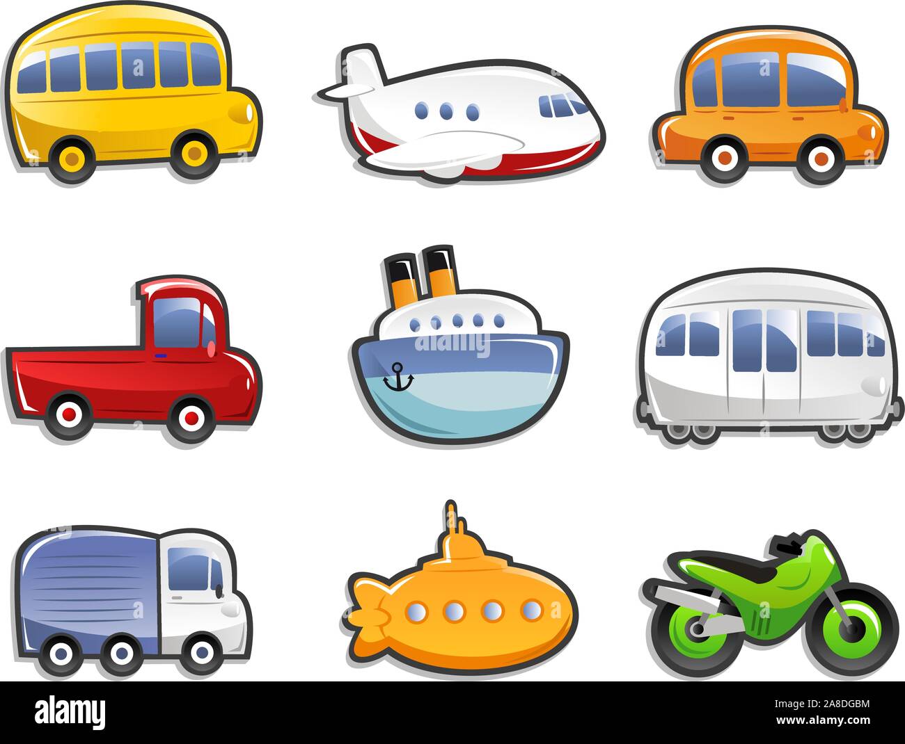 Iconos de transporte con autobús, avión, coche, camión, camión, barco,  submarino, la motocicleta. Ilustración vectorial de dibujos animados Imagen  Vector de stock - Alamy