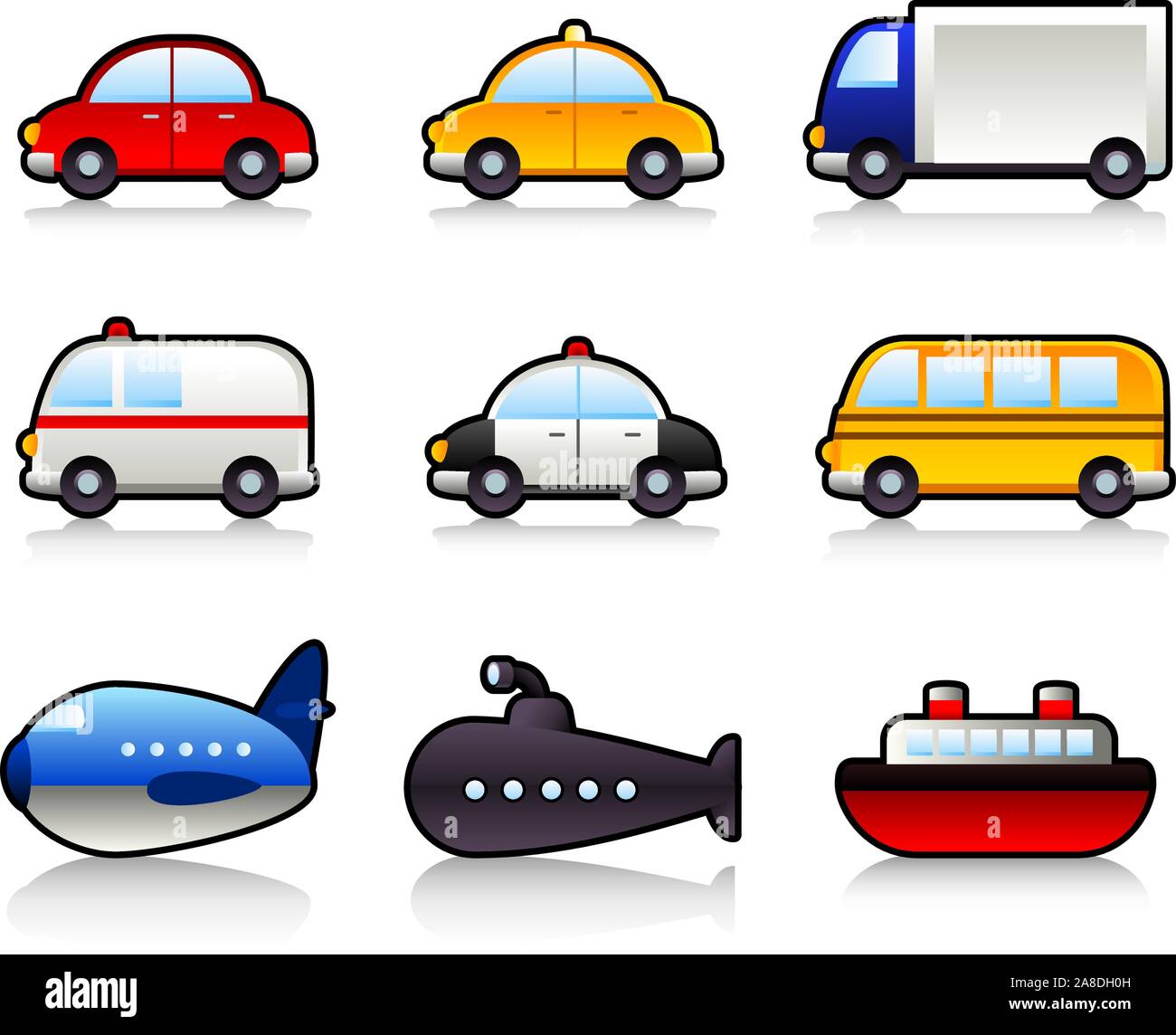 Medios de Transporte: En coche, taxi, camión, camión, autobús, coche de policía, ambulancia, autobús escolar, submarinos, aviones, buques. Ilustración vectorial de dibujos animados. Ilustración del Vector