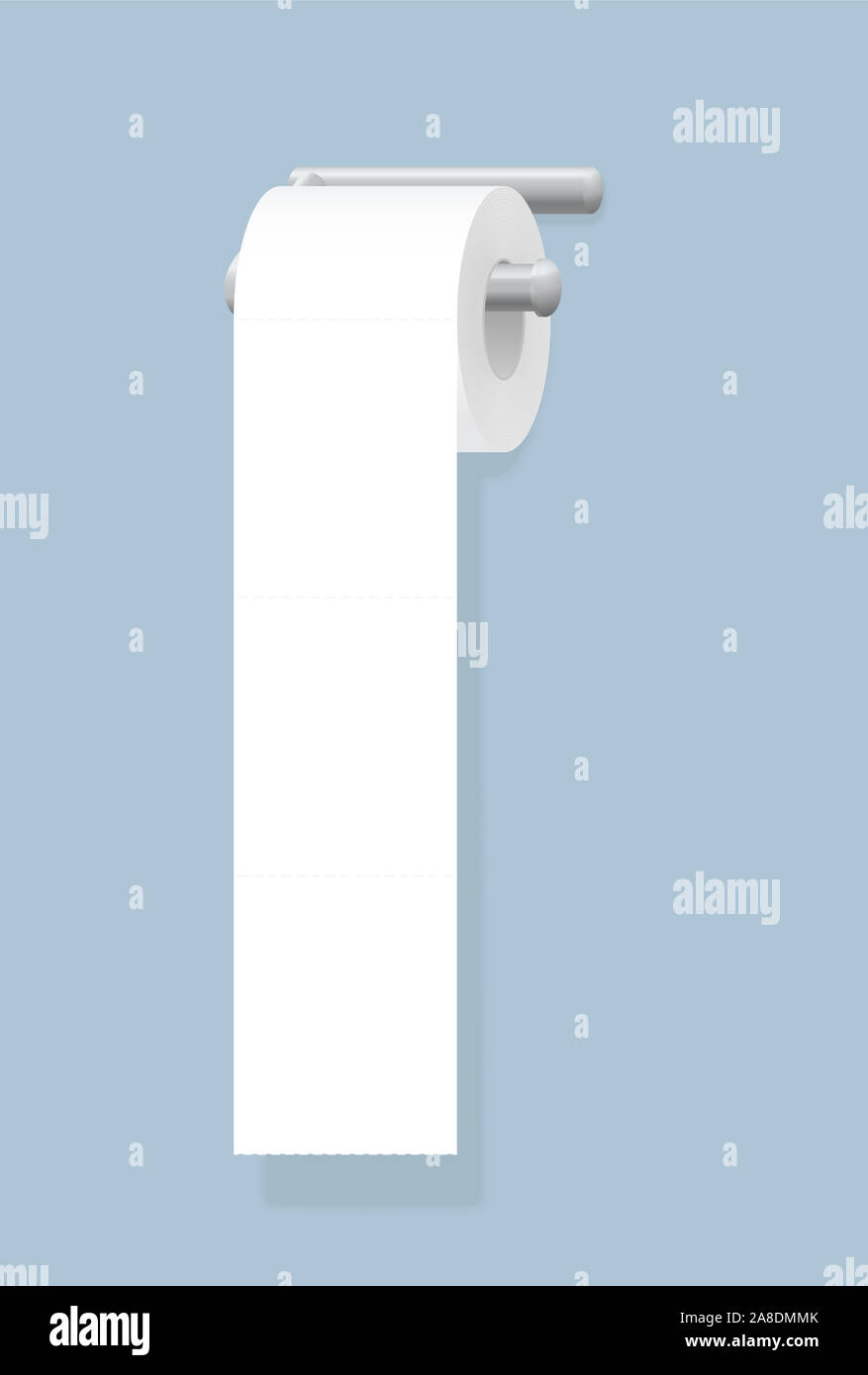 Rollo de papel higiénico blanco colgando de chrome titular - Ilustración sobre fondo azul. Foto de stock
