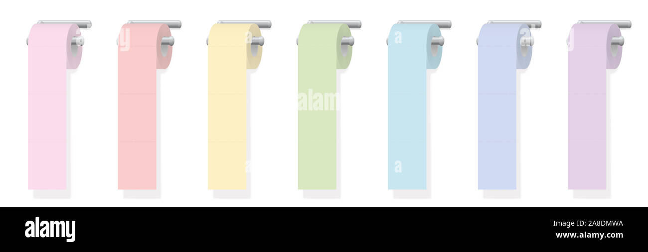 Rollos de papel higiénico. Diferentes colores, rosa, rojo, amarillo, verde, azul y violeta azulado - Ilustración sobre fondo blanco. Foto de stock