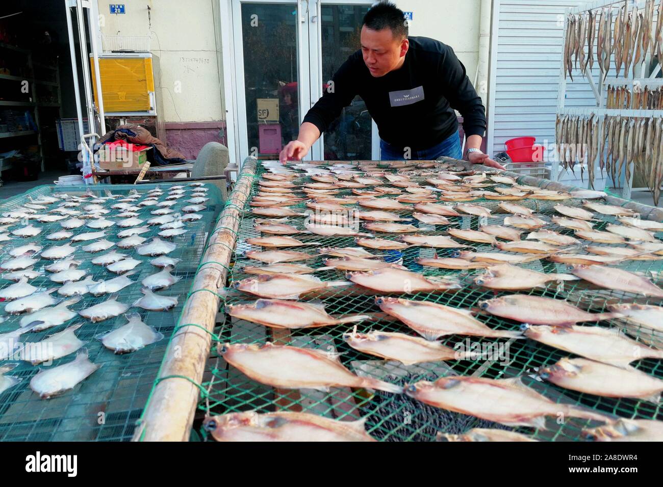 Shandong, China. 7 nov, 2019. Los pescadores cuelgan el pescado seco en el puerto pesquero Jimiya mercado oriental en Qingdao, Provincia de Shandong, China. Secar el pescado a finales de otoño y principios de invierno es una tradición de pescadores en la península de Jiaodong. Los pescadores seleccione primero el pescado fresco del mar, corte la espalda y espolvorear las capas de sal gruesa, luego agregar la sal durante un corto periodo de tiempo, alrededor de una hora y, a continuación, enjuague con agua limpia. Por último, su propagación en la red de pesca o colgarlos para que se sequen. Cuando son 70% secas pueden ser comidos. Crédito: SIPA Asia/Zuma alambre/Alamy Live News Foto de stock