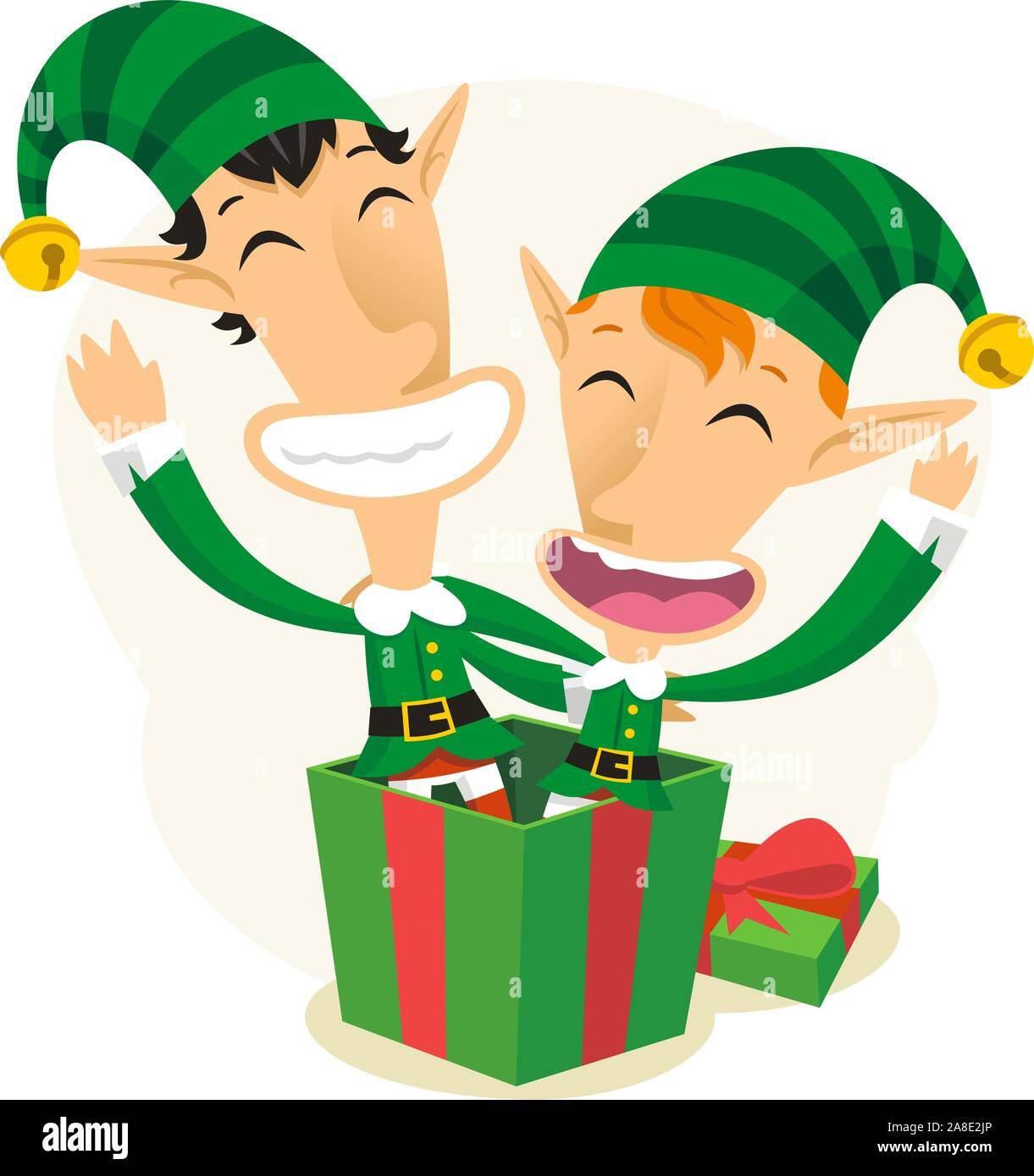 Los elfos que sale de una caja de regalo Ilustración del Vector