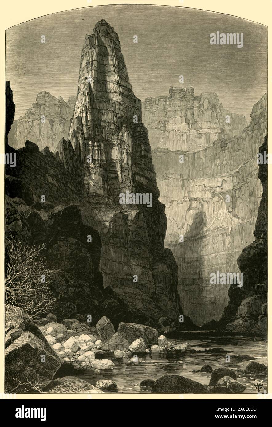 "Kanab Ca&#XF1;on', de 1874. Formación rocosa en Kanab Creek, Utah, EE.UU.. El Creek es un afluente del Río Colorado y es parte del Gran Cañón. "Kanab Ca&#XF1;A es de aproximadamente 60 millas de largo, y, siguiendo su cama, uno puede descender hasta el fondo del Gran Ca&#XF1;a. Es una tarea muy difícil, que requiere varios días de trabajo severo...La imagen dibujada por el artista de la cúspide de uno de los ángulos de Kanab es a partir de una fotografía tomada por el Sr. John Hillers [Karl] [fotógrafo] Gobierno de EE.UU. El pináculo en sí está a unos ochocientos y la pared en el fondo de la ilu Foto de stock