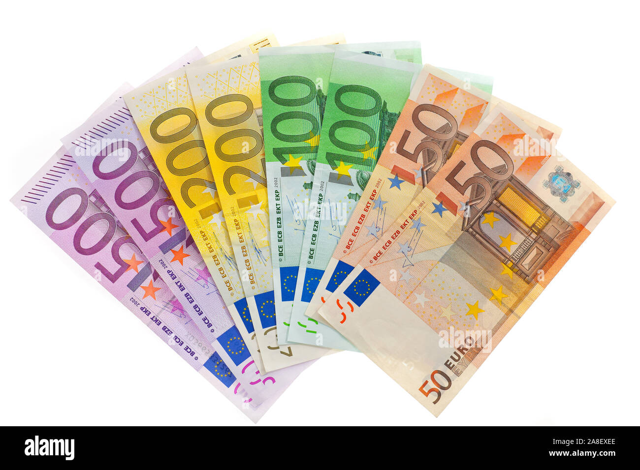 Geldscheine der europäischen Union, Euro, 50,100,200,500, Foto de stock