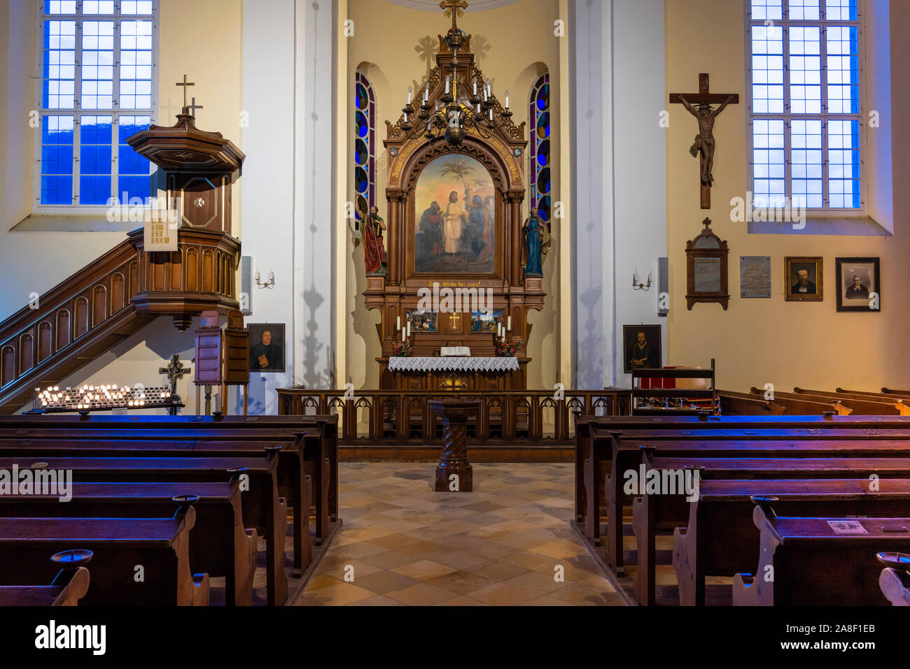 Interior de la Iglesia Luterana en Hallstatt, Austria, Europa. Foto de stock