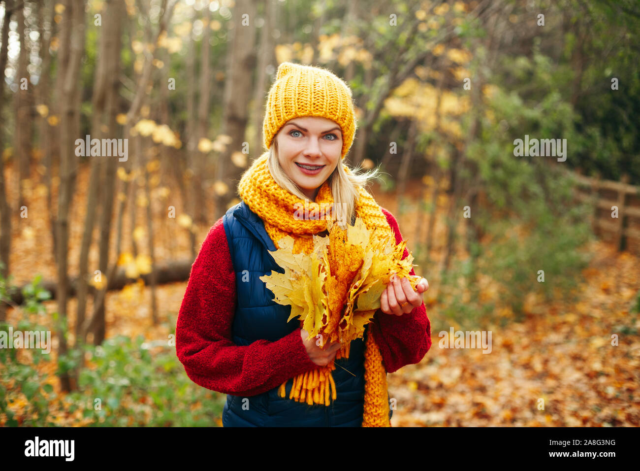 Retrato de hermosa mujer sonriente feliz caucásica llevar bufanda amarilla  y sombrero en otoño fall park. Persona mirando a la cámara y la celebración  Amarillo otoño Fotografía de stock - Alamy