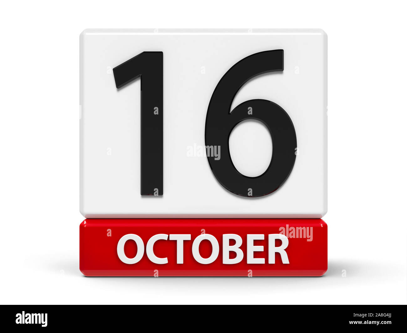 Rojo y blanco icono calendario de cubos - 16 de octubre - En una tabla blanca - Representación tridimensional, ilustración 3D Foto de stock