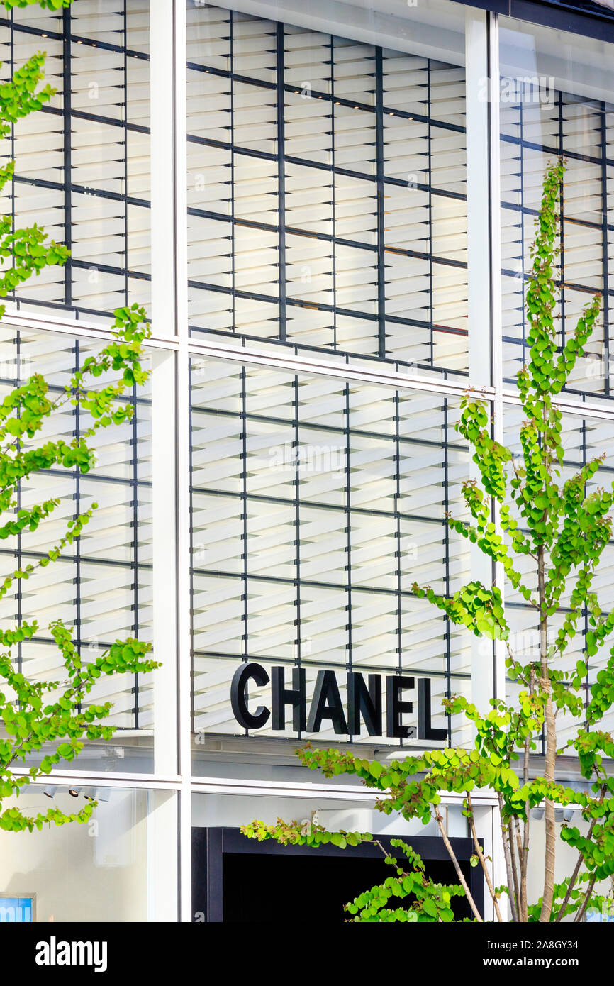 Ginza de Tokio, el edificio, detalle de Chanel. El nombre de Chanel en el vidrio electrocrómica sobre las tres capas de la pared exterior del edificio. Foto de stock